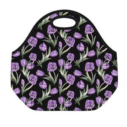 Purple Watercolor Tulip Pattern Print Neoprene Lunch Bag