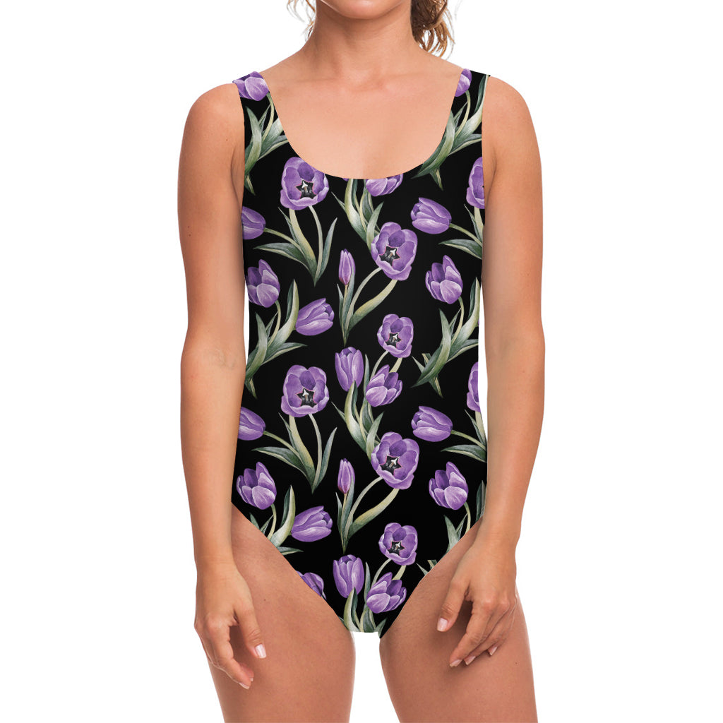 Purple Watercolor Tulip Pattern Print One Piece Swimsuit