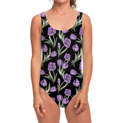 Purple Watercolor Tulip Pattern Print One Piece Swimsuit