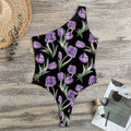 Purple Watercolor Tulip Pattern Print One Shoulder Bodysuit