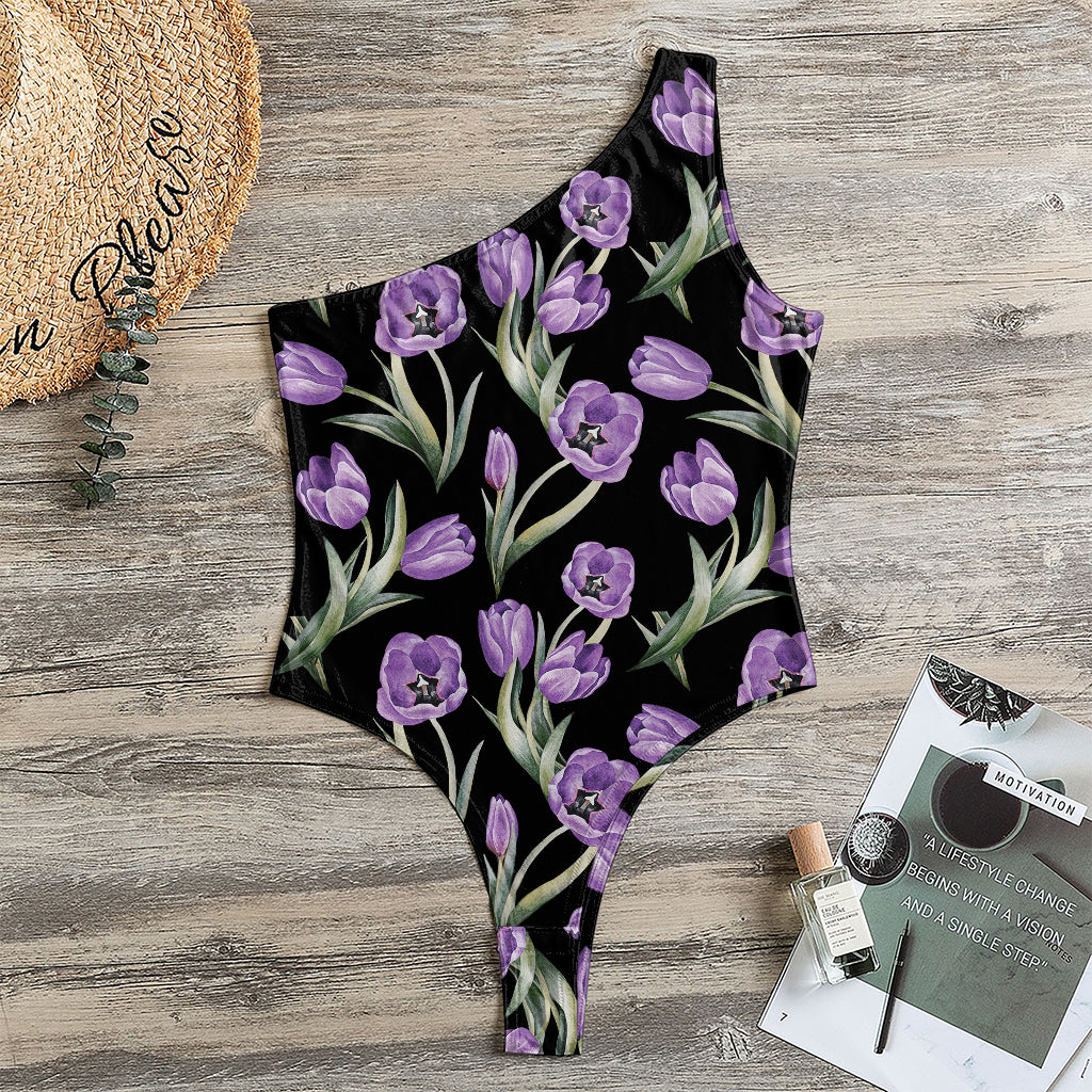 Purple Watercolor Tulip Pattern Print One Shoulder Bodysuit
