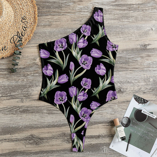 Purple Watercolor Tulip Pattern Print One Shoulder Bodysuit
