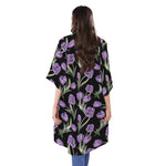Purple Watercolor Tulip Pattern Print Open Front Beach Cover Up