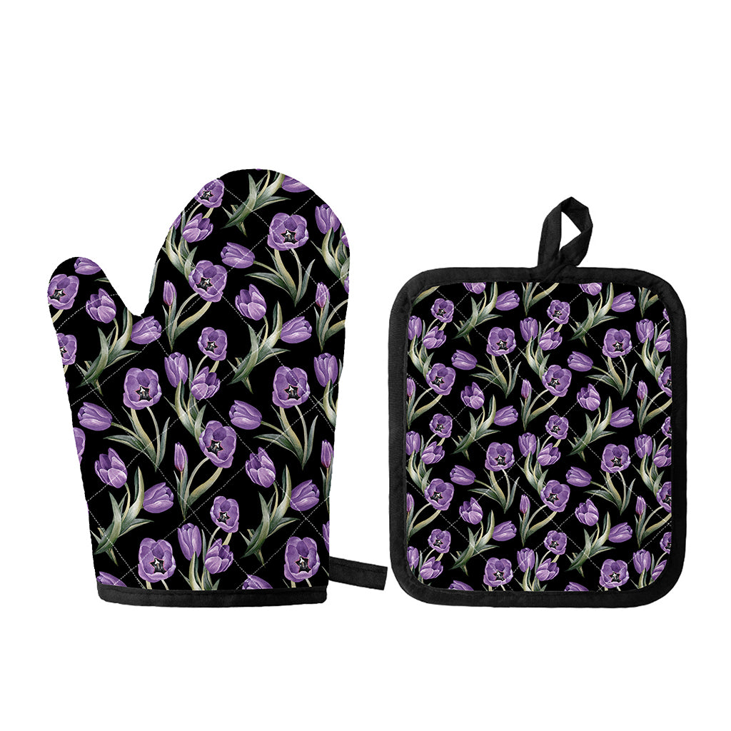 Purple Watercolor Tulip Pattern Print Oven Mitt And Pot Holder Set
