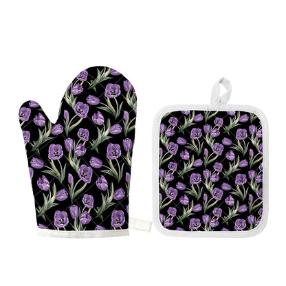 Purple Watercolor Tulip Pattern Print Oven Mitt And Pot Holder Set