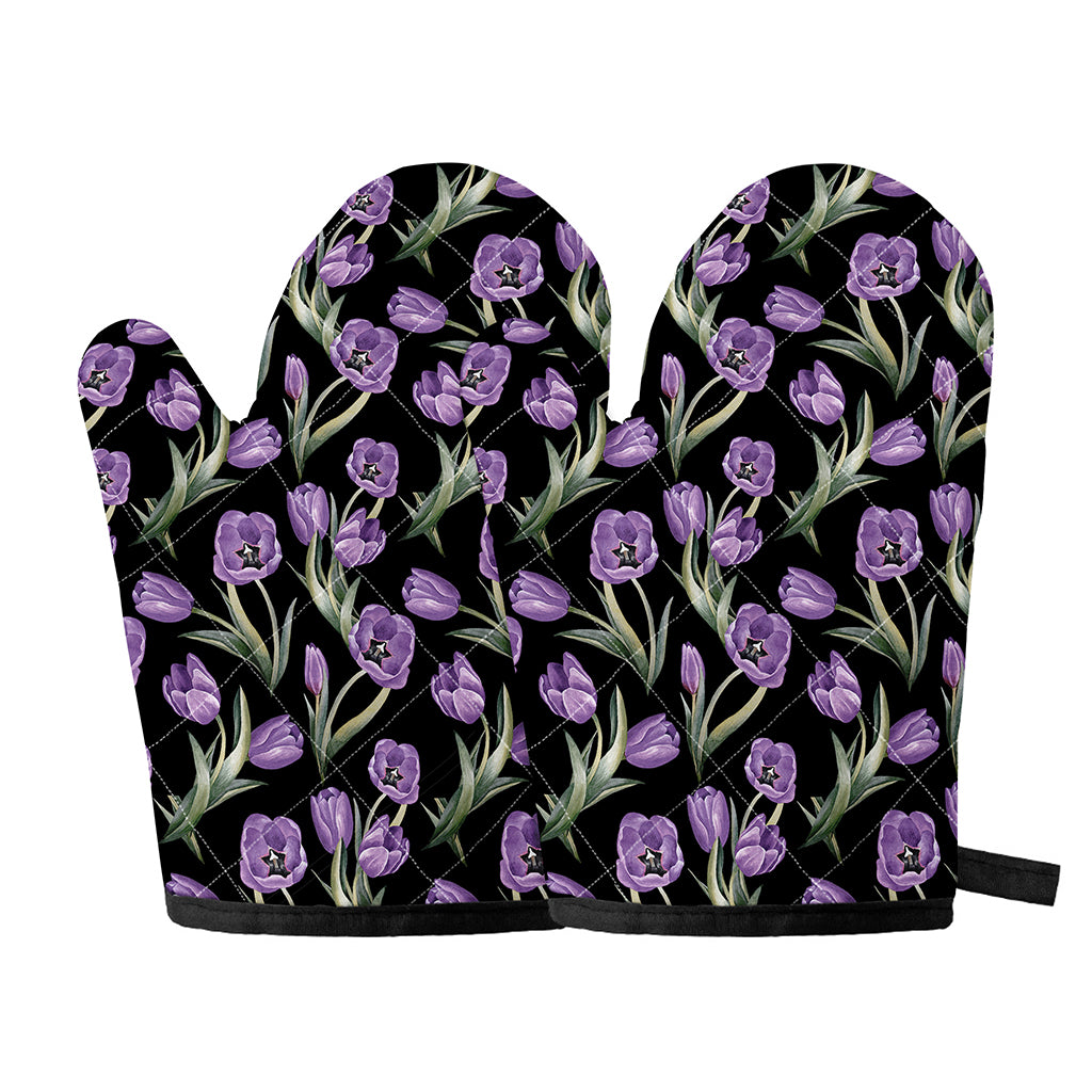 Purple Watercolor Tulip Pattern Print Oven Mitts
