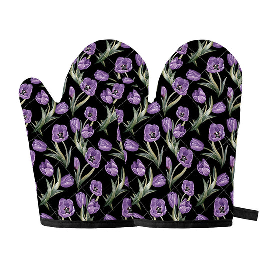 Purple Watercolor Tulip Pattern Print Oven Mitts