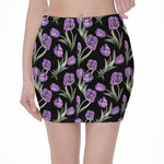 Purple Watercolor Tulip Pattern Print Pencil Mini Skirt