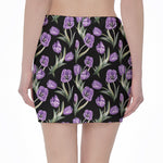 Purple Watercolor Tulip Pattern Print Pencil Mini Skirt