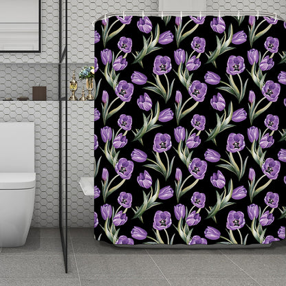 Purple Watercolor Tulip Pattern Print Polyester Shower Curtain
