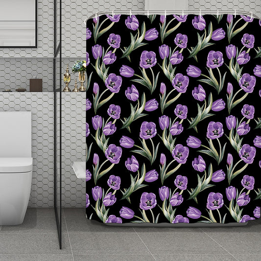 Purple Watercolor Tulip Pattern Print Polyester Shower Curtain