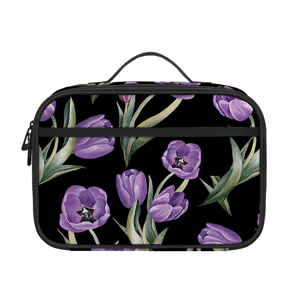 Purple Watercolor Tulip Pattern Print Portable Lunch Bag