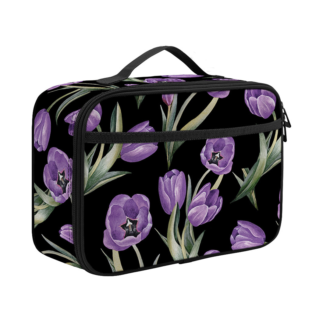 Purple Watercolor Tulip Pattern Print Portable Lunch Bag