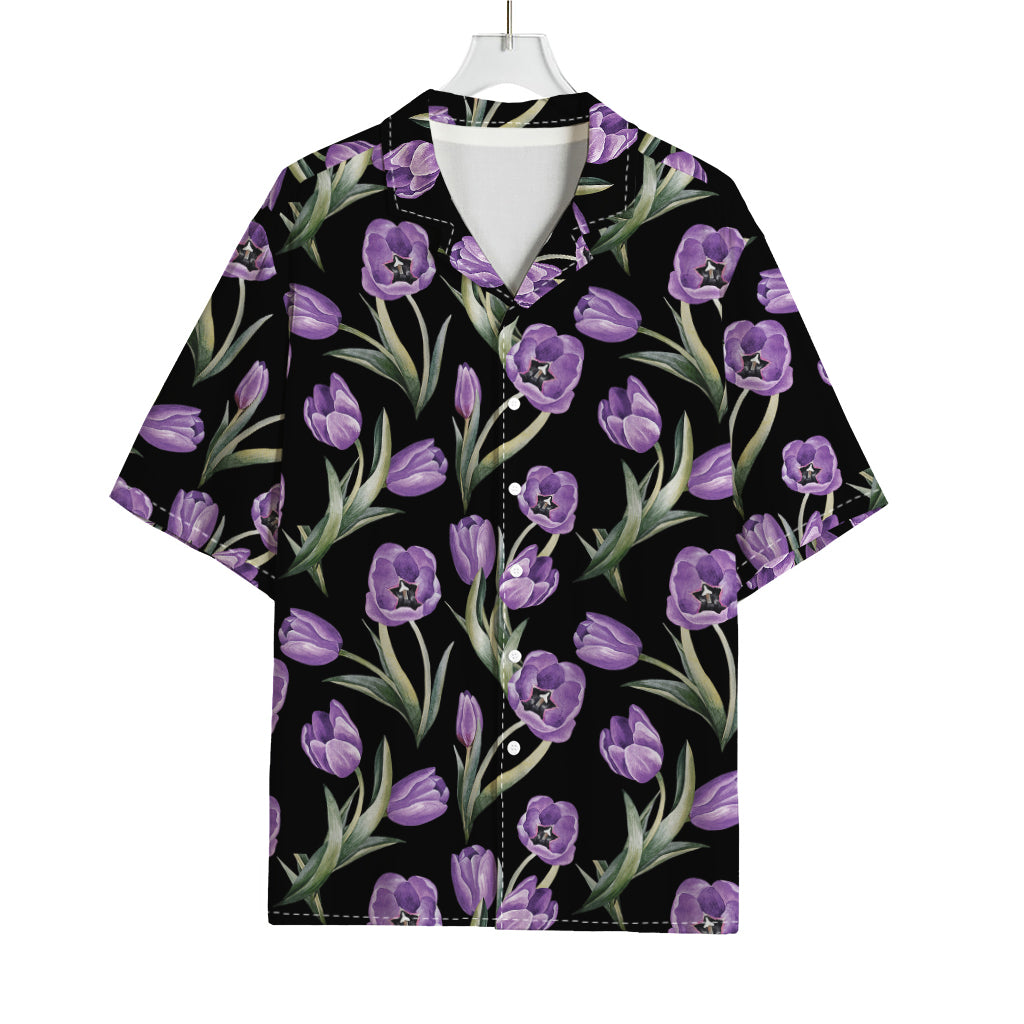 Purple Watercolor Tulip Pattern Print Rayon Hawaiian Shirt