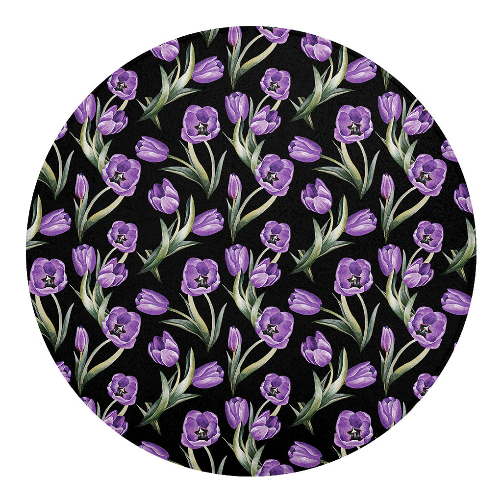 Purple Watercolor Tulip Pattern Print Round Blanket