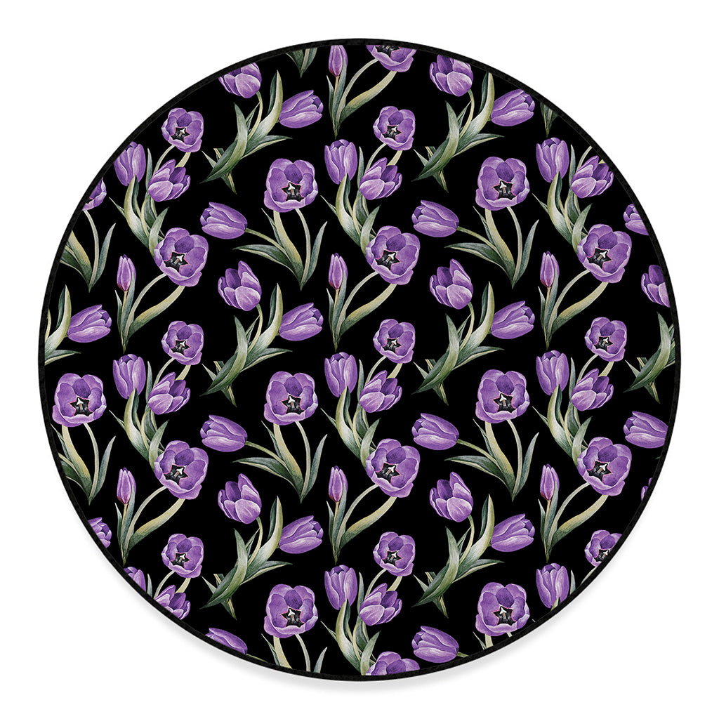 Purple Watercolor Tulip Pattern Print Round Floor Mat