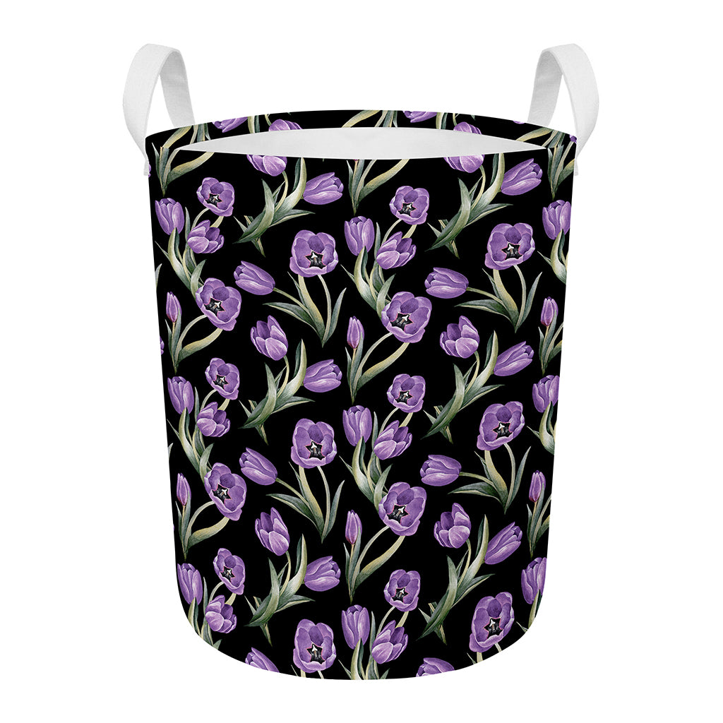 Purple Watercolor Tulip Pattern Print Round Laundry Basket