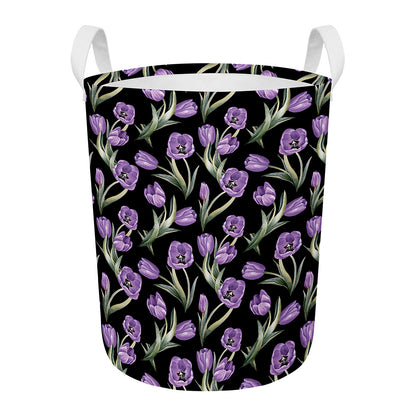 Purple Watercolor Tulip Pattern Print Round Laundry Basket