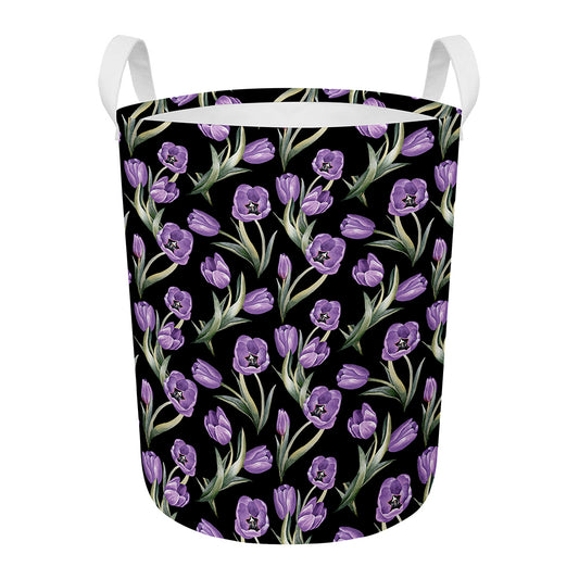 Purple Watercolor Tulip Pattern Print Round Laundry Basket
