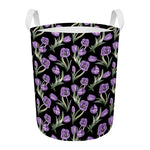 Purple Watercolor Tulip Pattern Print Round Laundry Basket