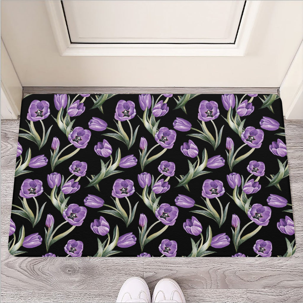 Purple Watercolor Tulip Pattern Print Rubber Doormat