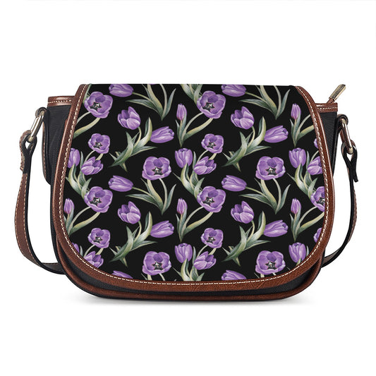 Purple Watercolor Tulip Pattern Print Saddle Bag