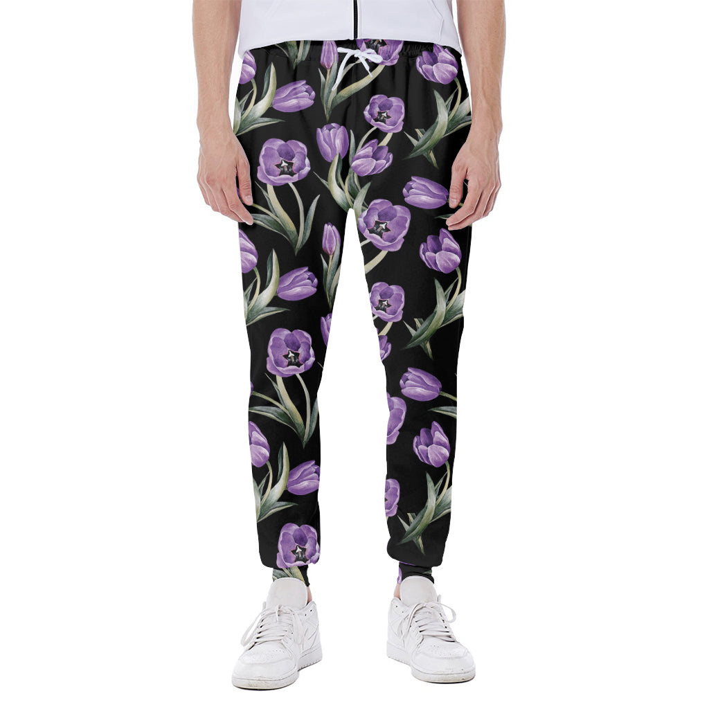 Purple Watercolor Tulip Pattern Print Scuba Joggers