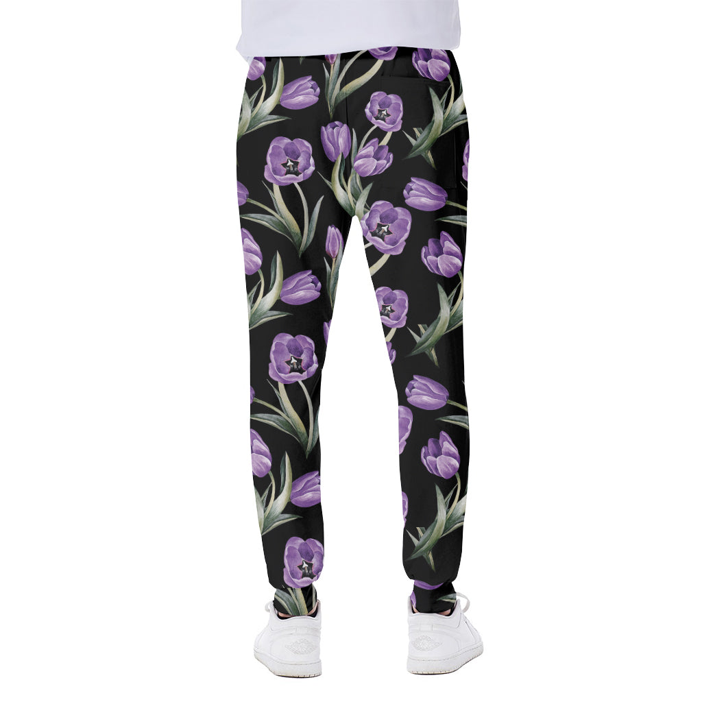 Purple Watercolor Tulip Pattern Print Scuba Joggers