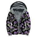 Purple Watercolor Tulip Pattern Print Sherpa Lined Zip Up Hoodie