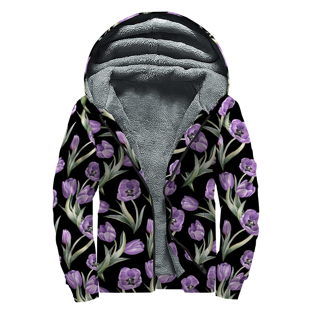 Purple Watercolor Tulip Pattern Print Sherpa Lined Zip Up Hoodie