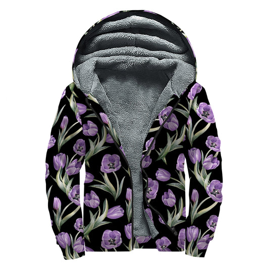 Purple Watercolor Tulip Pattern Print Sherpa Lined Zip Up Hoodie