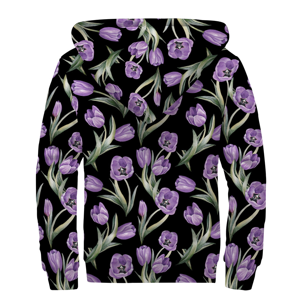 Purple Watercolor Tulip Pattern Print Sherpa Lined Zip Up Hoodie