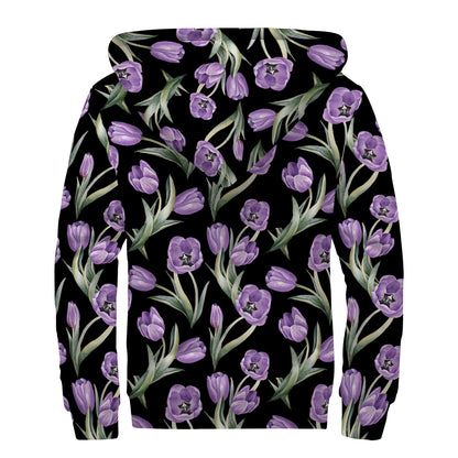 Purple Watercolor Tulip Pattern Print Sherpa Lined Zip Up Hoodie