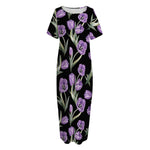 Purple Watercolor Tulip Pattern Print Short Sleeve Long Nightdress