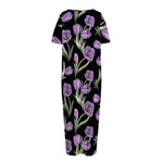 Purple Watercolor Tulip Pattern Print Short Sleeve Long Nightdress