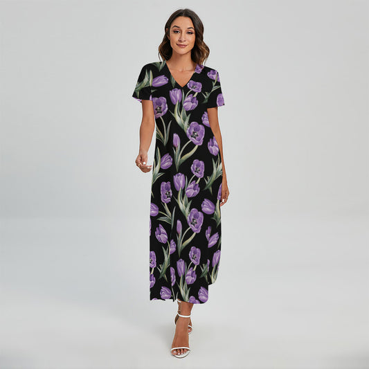 Purple Watercolor Tulip Pattern Print Short Sleeve Maxi Dress