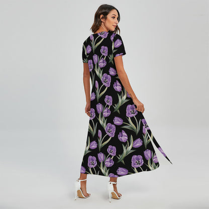 Purple Watercolor Tulip Pattern Print Short Sleeve Maxi Dress