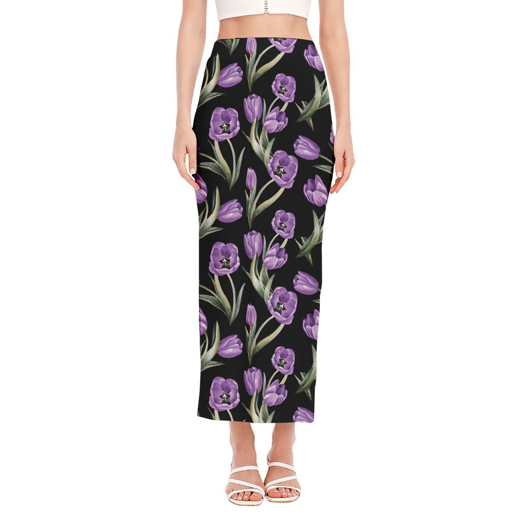 Purple Watercolor Tulip Pattern Print Side Slit Maxi Skirt
