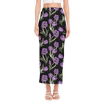 Purple Watercolor Tulip Pattern Print Side Slit Maxi Skirt