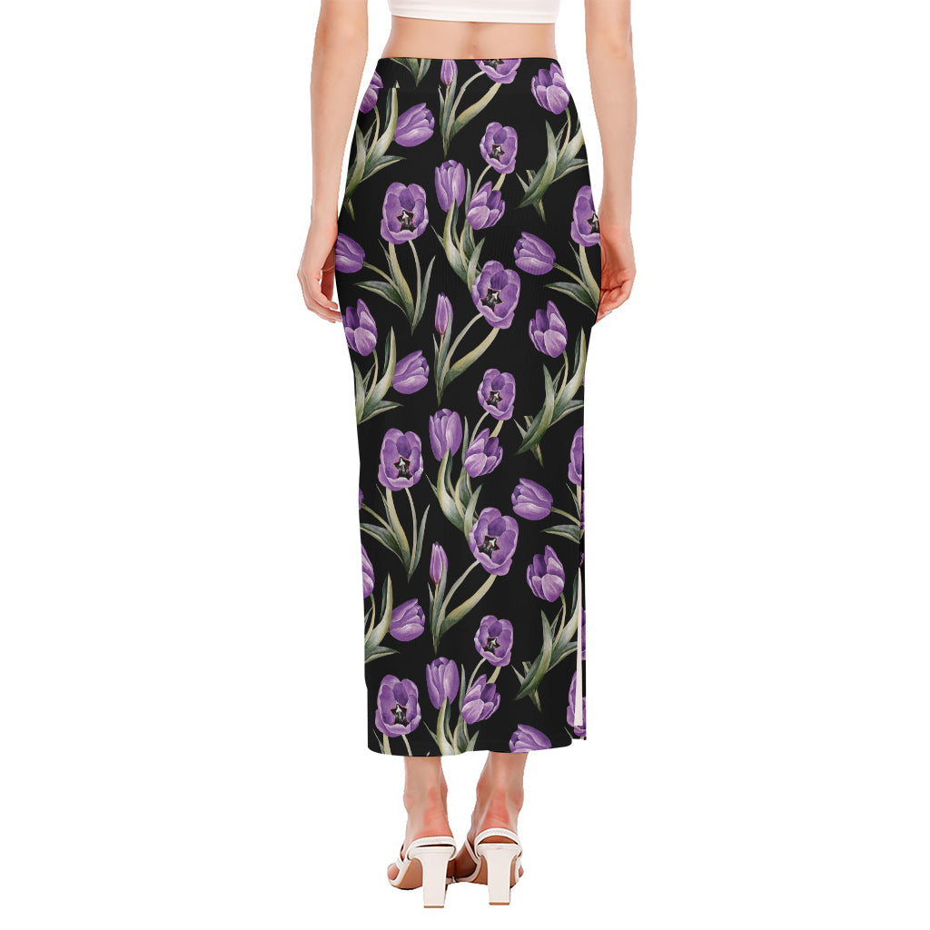 Purple Watercolor Tulip Pattern Print Side Slit Maxi Skirt