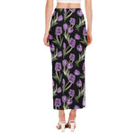 Purple Watercolor Tulip Pattern Print Side Slit Maxi Skirt