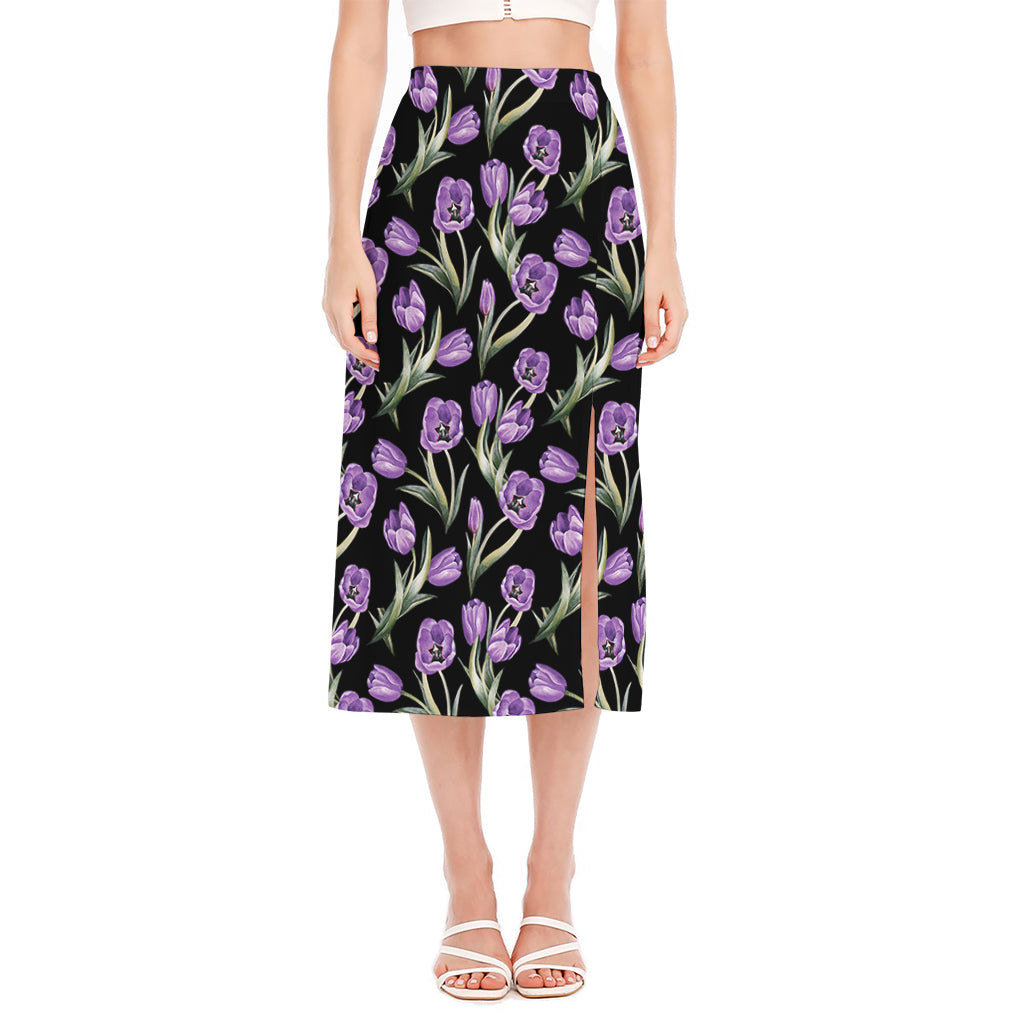 Purple Watercolor Tulip Pattern Print Side Slit Midi Skirt