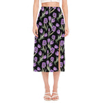 Purple Watercolor Tulip Pattern Print Side Slit Midi Skirt