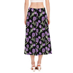 Purple Watercolor Tulip Pattern Print Side Slit Midi Skirt