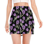 Purple Watercolor Tulip Pattern Print Side Slit Mini Skirt
