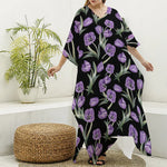 Purple Watercolor Tulip Pattern Print Silk V-Neck Kaftan Dress