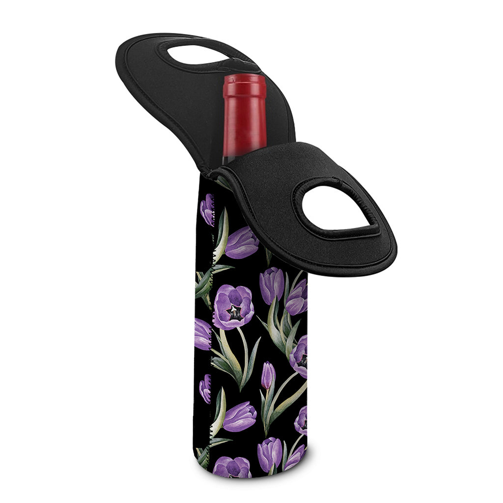 Purple Watercolor Tulip Pattern Print Single Neoprene Wine Tote