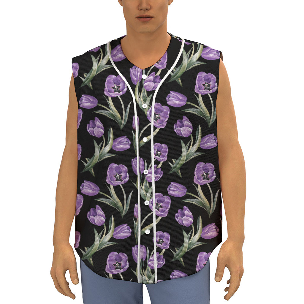 Purple Watercolor Tulip Pattern Print Sleeveless Baseball Jersey