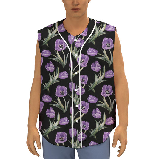 Purple Watercolor Tulip Pattern Print Sleeveless Baseball Jersey