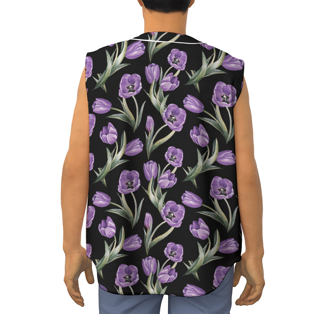 Purple Watercolor Tulip Pattern Print Sleeveless Baseball Jersey